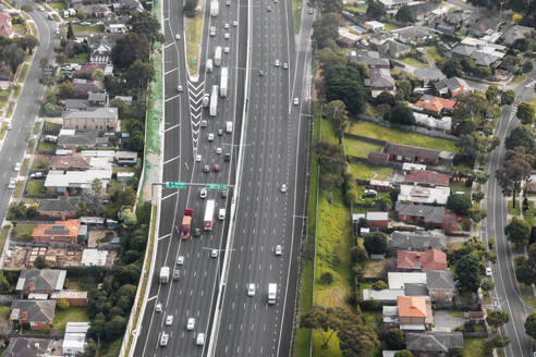 Aerial view of Highway With Busy Traffic Heading Inbound, Victoria, Australia. - AAEF23879