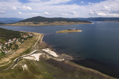 Aerial Drone View of Island of Batak Dam, Rhodope Mountains, Rakitovo, Pazardzhik, Bulgaria. - AAEF23887