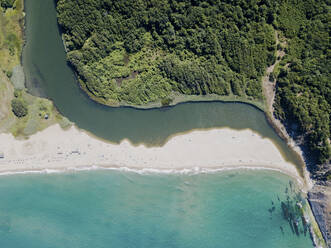Aerial Top Down VIew of Mouth of Veleka River on the Black Sea Coast, Bulgaria. - AAEF23895