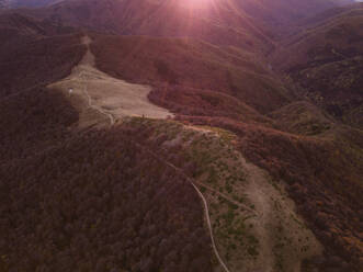 Aerial drone View of Mountain Forest with Morning Sunlight, Bulgaria. - AAEF23898