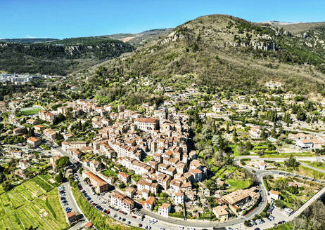 Aerial view of Le Bar Sur Loup, a small town on the hillside, Alpes Maritime, France. - AAEF23917