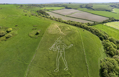 Aerial view of Cerne Abbas giant, a majestic draw in a field in Dorchester, England, United Kingdom. - AAEF23928