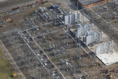 Aerial view of Electrical Distribution Substation Powering Homes and Industry, Victoria, Australia. - AAEF23937