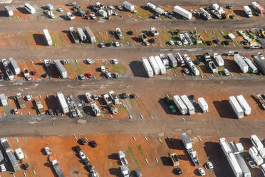 Aerial view of Truck Storage Yard in Town for Maintenance and Repairs, Victoria, Australia. - AAEF23939