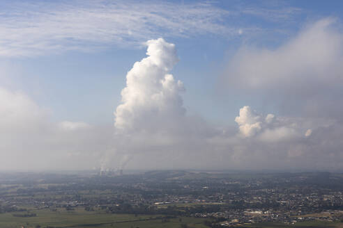 Aerial view of Smoke Billowing from Power Plant Stacks, Victoria, Australia. - AAEF23940