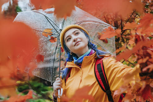 Glückliche Frau hält Regenschirm und berührt Blätter im Herbst Park - YTF01368
