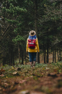 Frau trägt Rucksack und steht vor Bäumen im Wald - YTF01397