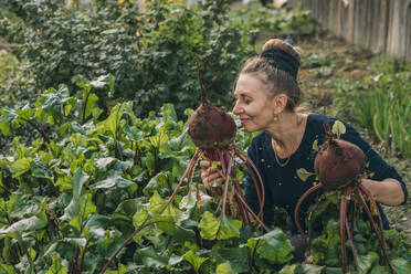 Smiling woman smelling common beet in vegetable garden - ADF00244