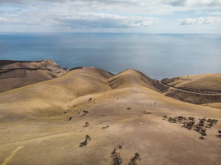 Aerial view of the coastline with rolling hills and blue water in Fluerieu Peninsula, South Australia. - AAEF23982