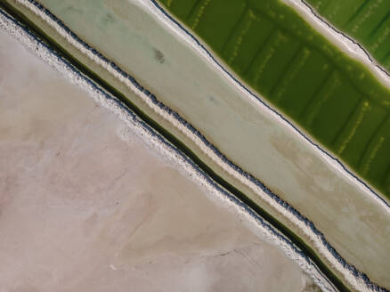 Aerial view of a salt mine with different hues of green and salt dividers running diagonally through the image, Western Australia. Top down perspective. - AAEF24025