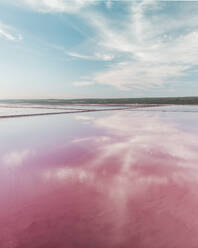 Panoramic aerial view of the pink salt lake Hutt Lagoon with clouds reflecting in the pink water, Port Gregory, Western Australia. - AAEF24033