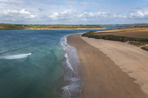 Aerial view of Harbour Cove after a storm has cleared, Padstow, Cornwall, United Kingdom. - AAEF24052
