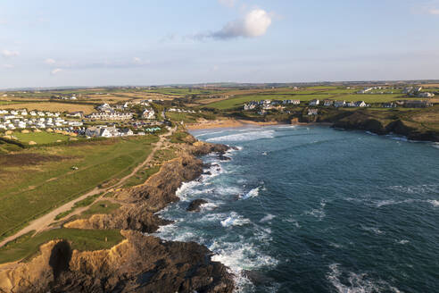 Aerial view of Treyaron Bay during sunset, Padstow, Cornwall, United Kingdom. - AAEF24054