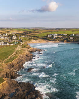 Aerial view of Treyaron Bay during sunset, Padstow, Cornwall, United Kingdom. - AAEF24055
