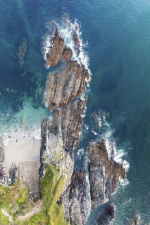 Aerial view of Talland Bay small hidden cove, Cornwall, United Kingdom. - AAEF24068