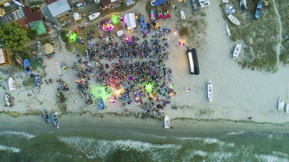 Aerial view of The Quarantine Film Festival on the Beach in the Fishing Village, Varna, Bulgaria. - AAEF24085