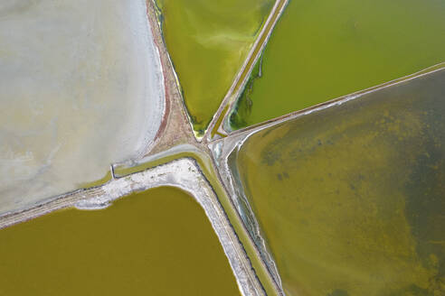 Aerial Drone Abstract Top Down View of Salt Pans, Lake Atanasovsko, Burgas, Bulgaria. - AAEF24103