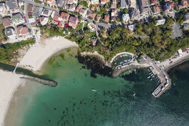 Aerial Drone Top Down view of Seaside of Primorsko Town, Burgas Province on the Black Sea Coast, Bulgaria. - AAEF24117