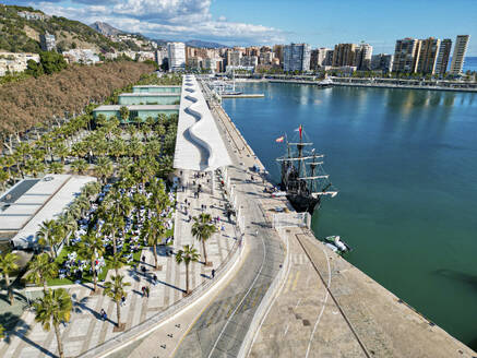 Aerial view of the small port and harbour in Malaga, Andalusia, Spain. - AAEF24154