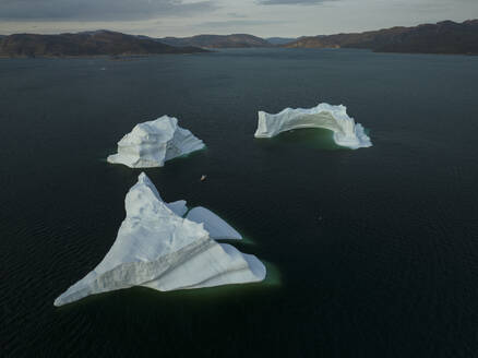 Aerial drone view of gigantic icebergs and a boat in Ilulissat at dawn, Greenland, Arctic. - AAEF24206