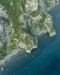 Aerial view of the Amalfi coast at sunset facing the Mediterranean Sea, Positano, Salerno, Campania, Italy. - AAEF24268