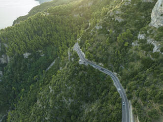 Luftaufnahme der Amalfi-Straße Serpentinenstraße durch den Wald entlang der Amalfiküste bei Positano, Salerno, Kampanien, Italien. - AAEF24277