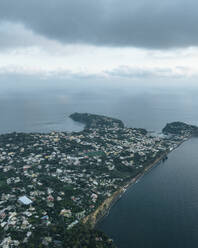 Aerial view of Solchiaro peninsula facing the Gulf of Naples on Procida Island, Flegree islands archipelagos, Naples, Campania, italy. - AAEF24347