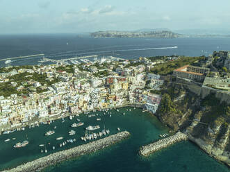 Luftaufnahme der Altstadt von Procida mit einem kleinen Hafen auf der Insel Procida, Flegree Islands Archipel, Neapel, Kampanien, Italien. - AAEF24355