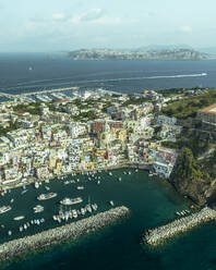 Luftaufnahme der Altstadt von Procida mit einem kleinen Hafen auf der Insel Procida, Flegree Islands Archipel, Neapel, Kampanien, Italien. - AAEF24356