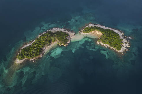 Aerial view of small twin islands in Ksamil, Albania. - AAEF24426