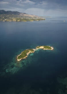 Aerial view of Ksamil islands, Albania, with Corfu island in background. - AAEF24429
