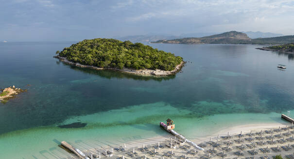 Aerial view of small island in Ksamil beach, Sarande, Albania. - AAEF24432