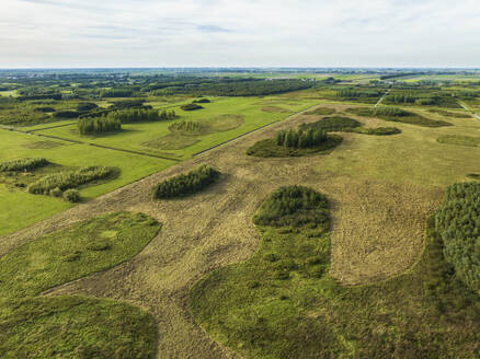 Luftaufnahme von Wald- und Wiesenstücken in dem spielerisch angelegten neuen Naturgebiet Bentwoud, Benthuizen, Zuid-Holland, Niederlande. - AAEF24451
