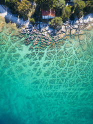 Luftaufnahme des kristallklaren Wassers entlang der Küstenlinie mit felsigem Meeresboden auf der Insel Veliki Brijun, Nationalpark Brijuni, Istrien, Kroatien. - AAEF24501