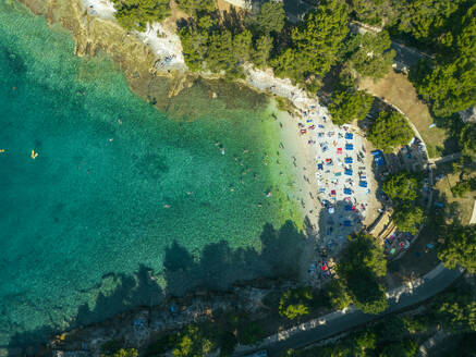 Luftaufnahme von Menschen, die sich am Strand von Gortanova entspannen, einer schmalen Bucht mit türkisfarbenem Wasser, Pula, Istrien, Kroatien. - AAEF24574