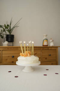 Geburtstagskuchen mit Mandarinenscheiben und Kerzen auf dem Tisch - LESF00508