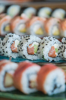 Stock photo of yummy sushi plates in japanese restaurant. - ADSF48863