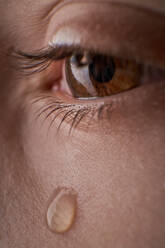 Closeup brown eye with long eyelashes of crop anonymous unhappy kid with small tear rolling down cheek in light room - ADSF48961