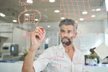 Through glass view of focused unshaven Hispanic man drawing scheme of protective mask and calculating size while working in office - ADSF48978