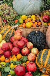 Assortment of fresh fruits and vegetables arranged in baskets and displayed on a grassy surface, with apples, oranges, pomegranates, and various types of pumpkins prominently featured. - ADSF48993