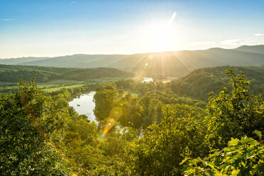 Aerial view of green trees growing in tropical forest with calm river and mountainous terrain with blue sky and scenic bright sunset on summer day - ADSF49004