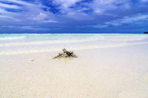 Papua New Guinea, Milne Bay Province, Storm clouds over sandy beach in Conflict Islands - THAF03262