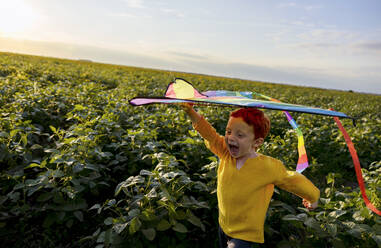 Glücklicher Junge, der einen Drachen auf dem Kopf trägt und in einem landwirtschaftlichen Feld läuft - MBLF00157