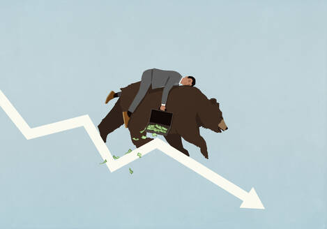 Sleeping male investor with money briefcase riding bear down descending stock market arrow - FSIF06616
