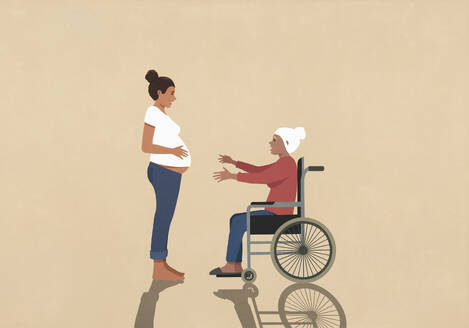 Senior woman in wheelchair with arms outstretched, approaching pregnant woman - FSIF06622