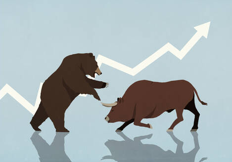 Bear and bull market fighting in front of ascending stock market arrow on blue background - FSIF06625