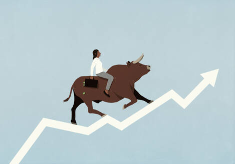 Female investor with money briefcase riding bull up ascending arrow on blue background - FSIF06628
