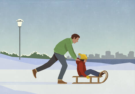 Father pushing daughter on sled in snowy winter city park - FSIF06630