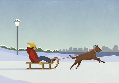 Dog pulling girl on sled in snowy winter city park - FSIF06633