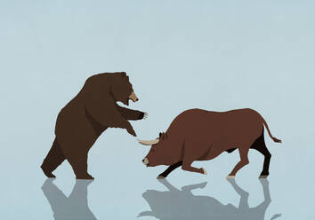 Bull and bear stock market symbols fighting on blue background - FSIF06634